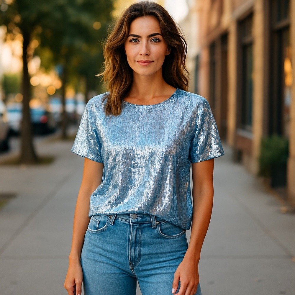 Nina Parker Sequin Top Half Blue‎ Sparkly Party Blouse Short Sleeve 3X